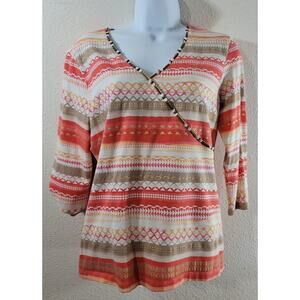 Ruby Rd. Orange Gold White Beaded V Neck Top Large Lightweight Soft Stretch
